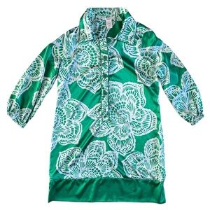 Vertigo Green and White Silky Floral Shirtdress XL